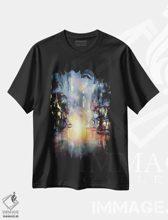تیشرت مشکی طرح دار چراغ های شبانگاهی شهر، هنر فاخر معاصر اثر بُژنا فوخس | immage.ir