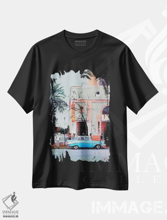 تیشرت مشکی طرح دار منظرهٔ شهر، تزئینی اثر بُژنا فوخس | فروشگاه ایماژ
