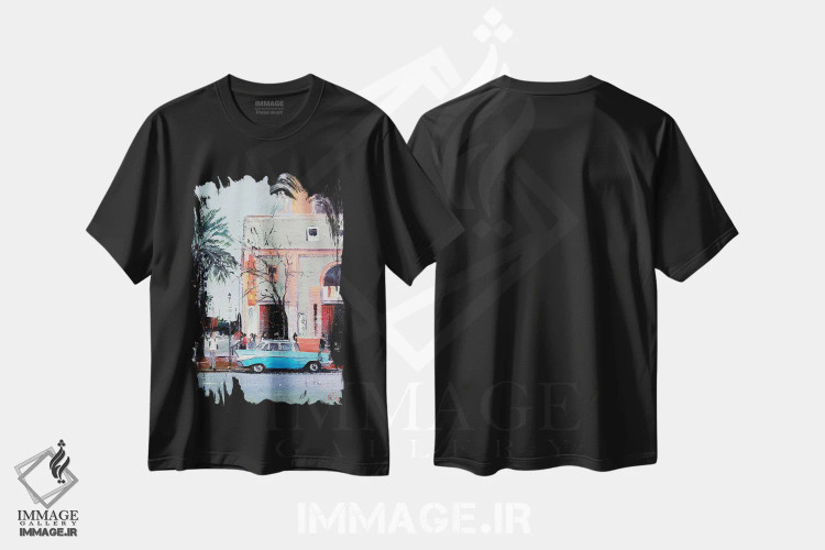 تیشرت مشکی طرح دار منظرهٔ شهر، تزئینی اثر بُژنا فوخس | فروشگاه ایماژ