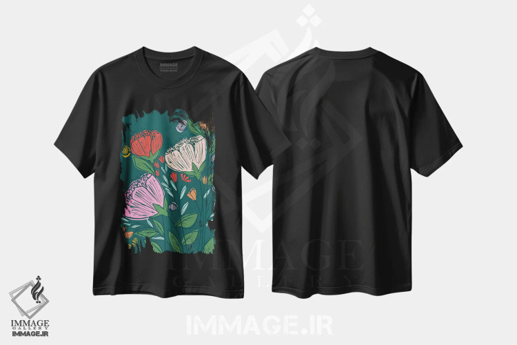 تیشرت مشکی طرح دار دشت گل های روزمره، تزئینی اثر کارولین آلفردز | فروشگاه ایماژ
