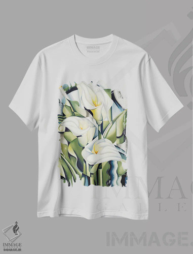تیشرت سفید طرح دار سوسن های کوبیستی، آرت دکو اثر کترین ایبل | فروشگاه ایماژ