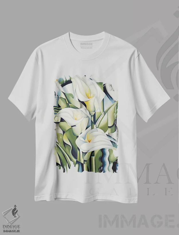 تیشرت سفید طرح دار سوسن های کوبیستی، آرت دکو اثر کترین ایبل | فروشگاه ایماژ