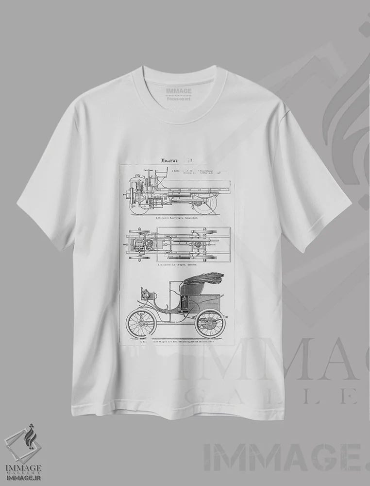 تیشرت سفید طرح دار خودروی صنعتی، تزئینی اثر طراحی CAD | فروشگاه ایماژ