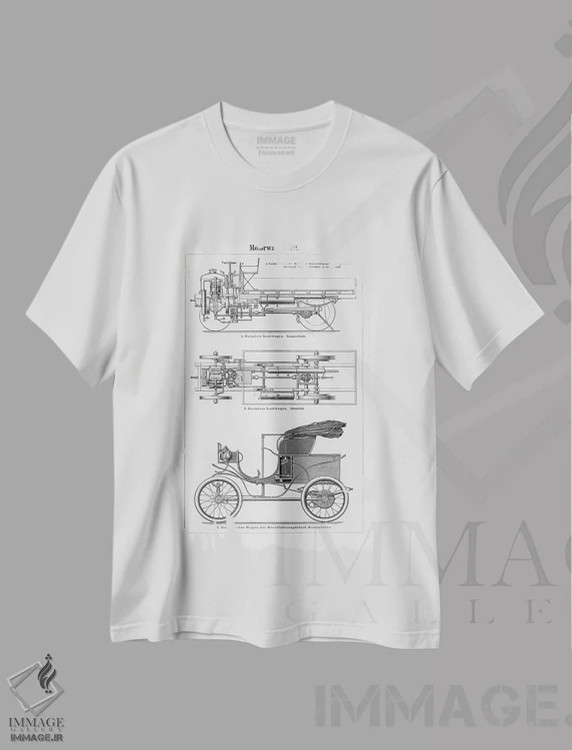 تیشرت سفید طرح دار خودروی صنعتی، تزئینی اثر طراحی CAD | فروشگاه ایماژ