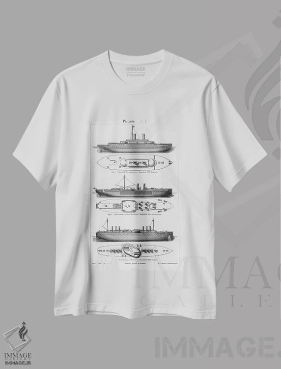 تیشرت سفید طرح دار کشتی صنعتی، تزئینی اثر طراحی CAD | immage.ir