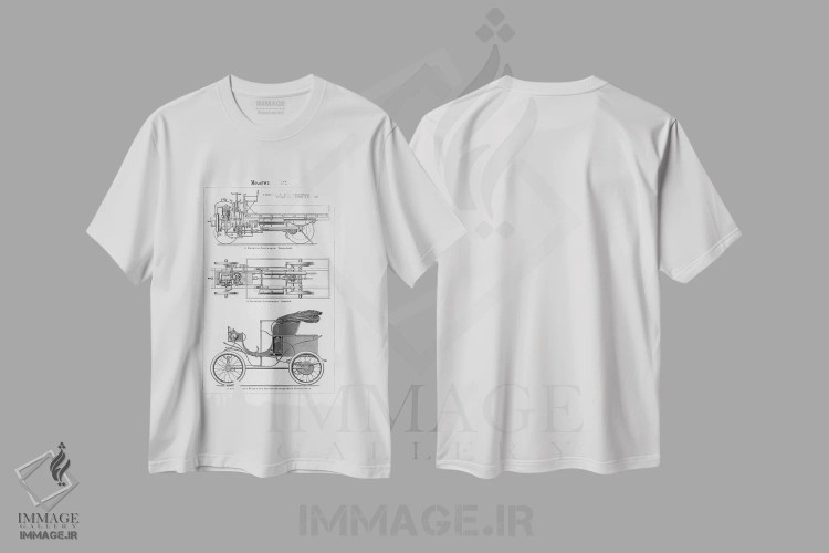 تیشرت سفید طرح دار خودروی صنعتی، تزئینی اثر طراحی CAD | فروشگاه ایماژ