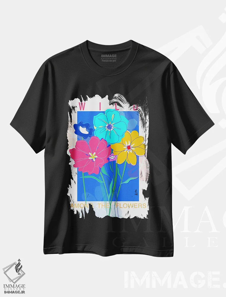 تیشرت مشکی طرح دار دسته گل شقایق وحشی پاپ، هنر دیجیتال اثر طراحی CAD | فروشگاه ایماژ