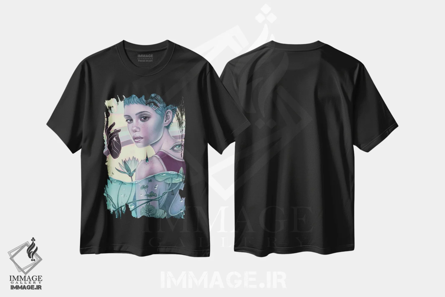 تیشرت مشکی طرح دار نیلوفر آبی، دکوراسیون جایگزین اثر کایا کوپمن | فروشگاه ایماژ