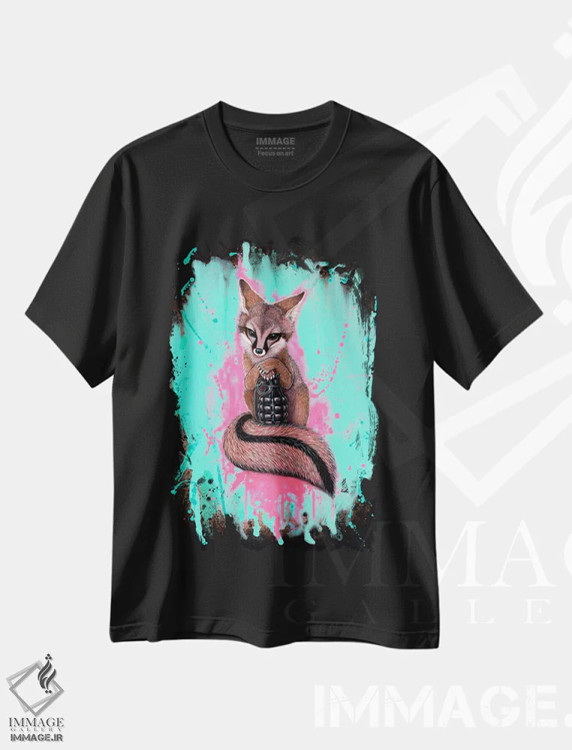 تیشرت مشکی طرح دار ارتش روباه خاکستری، هنر فاخر معاصر اثر کایا کوپمن | فروشگاه ایماژ