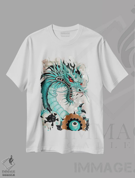 تیشرت سفید طرح دار Liberty & Blaze,جزئیات سر اژدها، آزادی و شعله، هنر فاخر معاصر اثر کایا کوپمن | immage.ir