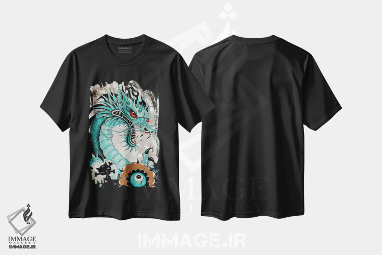 تیشرت مشکی طرح دار Liberty & Blaze,جزئیات سر اژدها، آزادی و شعله، هنر فاخر معاصر اثر کایا کوپمن | فروشگاه ایماژ