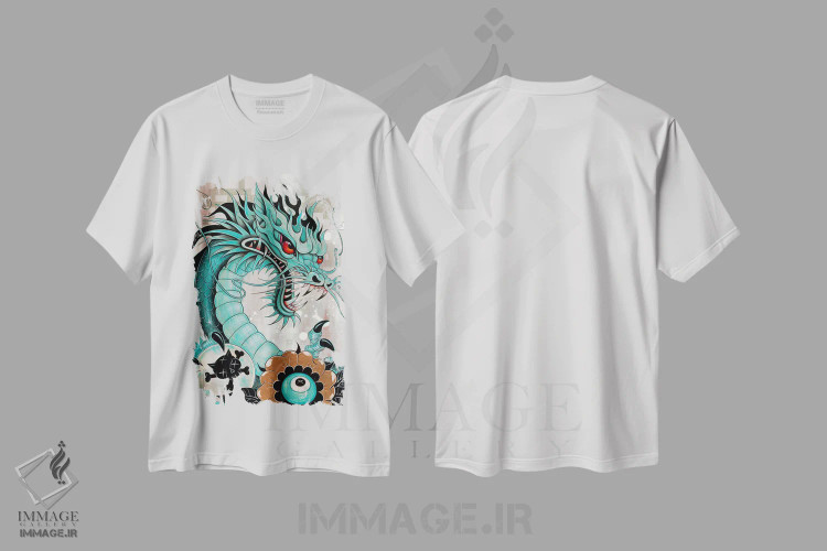 تیشرت سفید طرح دار Liberty & Blaze,جزئیات سر اژدها، آزادی و شعله، هنر فاخر معاصر اثر کایا کوپمن | immage.ir