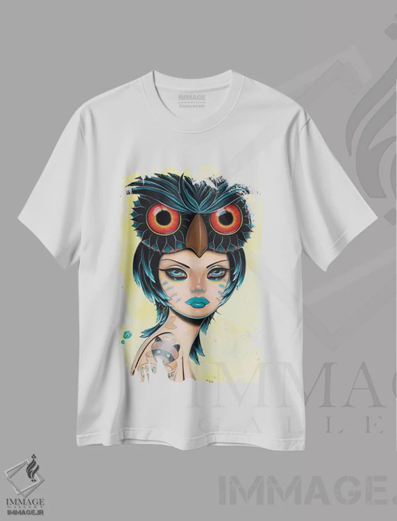 تیشرت سفید طرح دار جغد ماه طلوع، هنر فاخر معاصر اثر کایا کوپمن | فروشگاه ایماژ