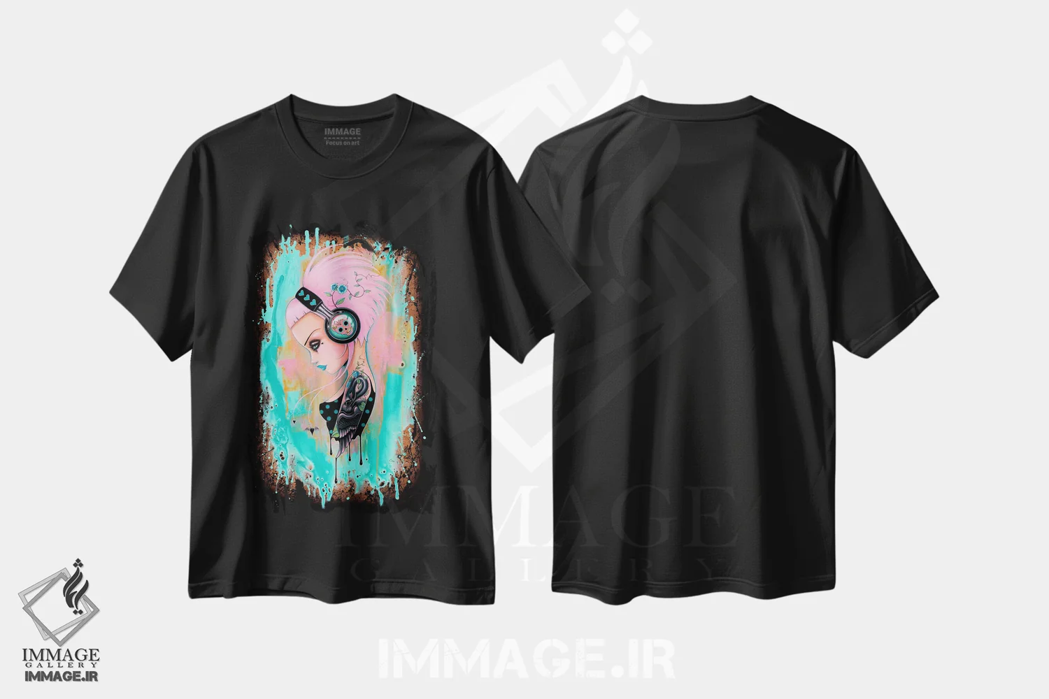 تیشرت مشکی طرح دار ضرب آهنگ های همیشه سبز، هنر فاخر معاصر اثر کایا کوپمن | فروشگاه ایماژ