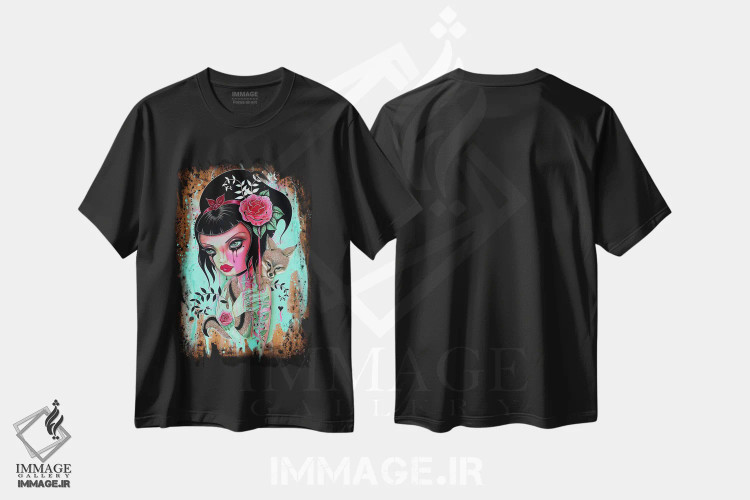 تیشرت مشکی طرح دار باران صورتی، هنر فاخر معاصر اثر کایا کوپمن | فروشگاه ایماژ