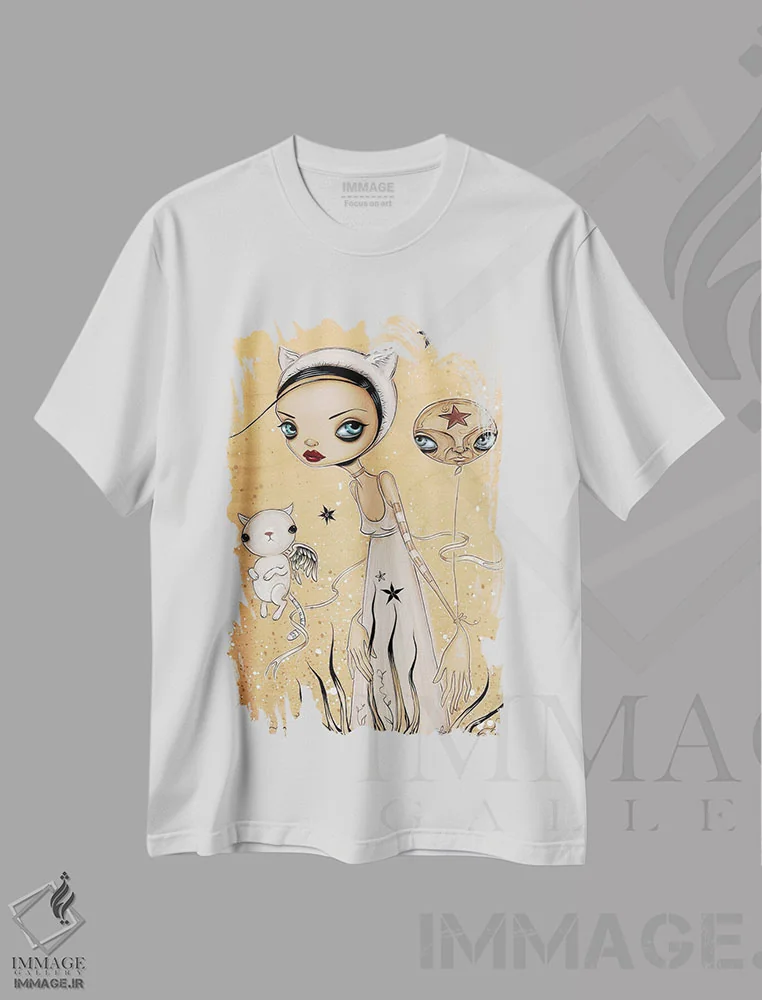 تیشرت سفید طرح دار گربه سان، هنر فاخر معاصر اثر کایا کوپمن | فروشگاه ایماژ
