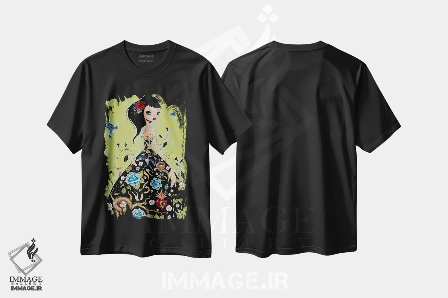 تیشرت مشکی طرح دار دختر شیمیایی، هنر فاخر معاصر اثر کایا کوپمن | فروشگاه ایماژ