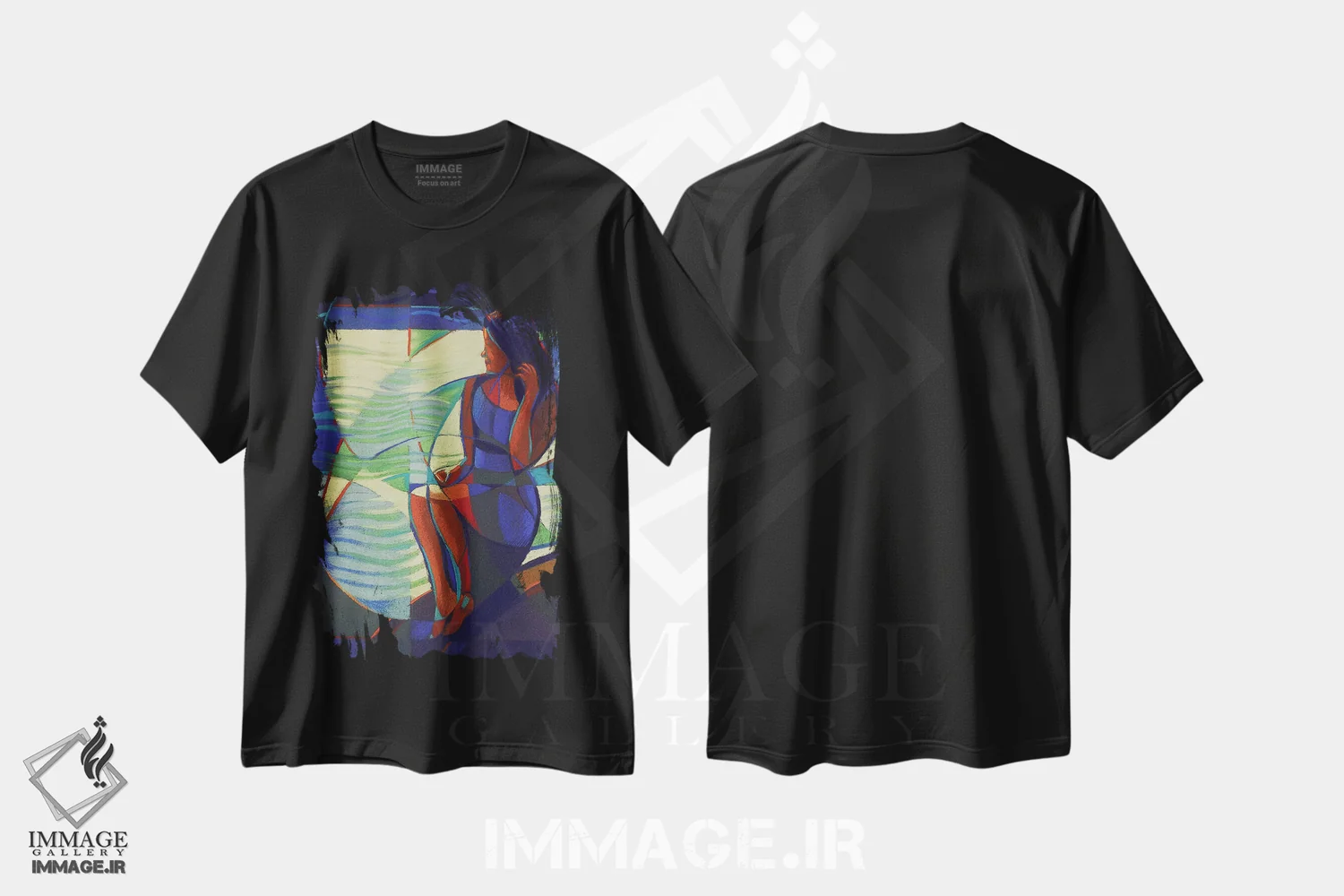 تیشرت مشکی طرح دار زن کارتاژی منتظر بازگشت قهرمان دریایی اش، هنر فاخر معاصر اثر کُرنه آکرز | immage.ir