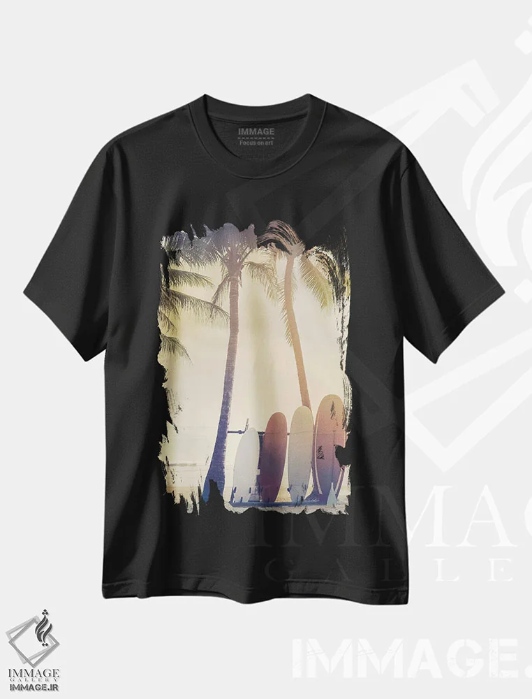 تیشرت مشکی طرح دار تابستان موج سواری، دکور ساحلی اثر مایک کالاسیبتا | immage.ir