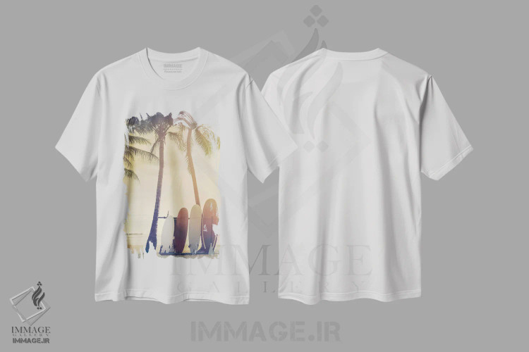 تیشرت سفید طرح دار تابستان موج سواری، دکور ساحلی اثر مایک کالاسیبتا | فروشگاه ایماژ