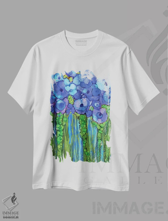تیشرت سفید طرح دار شکوفه های خشخاش، آبستره اثر کارول کاوالاریس | فروشگاه ایماژ