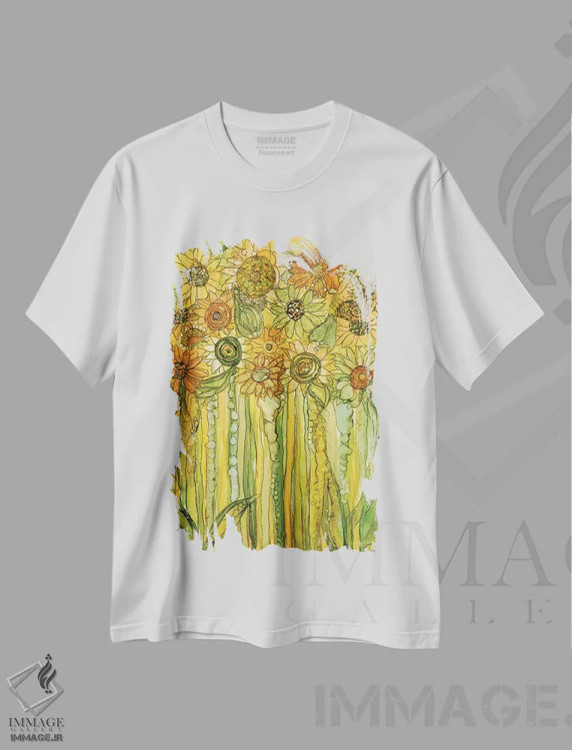 تیشرت سفید طرح دار شکوفه های باغ آفتابگردان، آبستره اثر کارول کاوالاریس | immage.ir