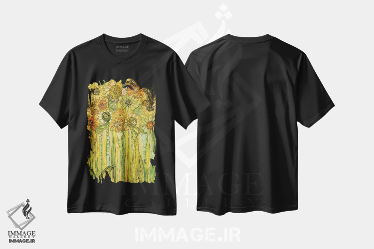 تیشرت مشکی طرح دار شکوفه های باغ آفتابگردان، آبستره اثر کارول کاوالاریس | فروشگاه ایماژ