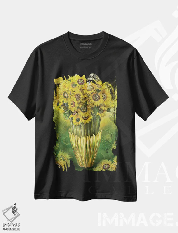تیشرت مشکی طرح دار آفتابگردان بلند در گلدان، هنر دیجیتال اثر کارول کاوالاریس | immage.ir