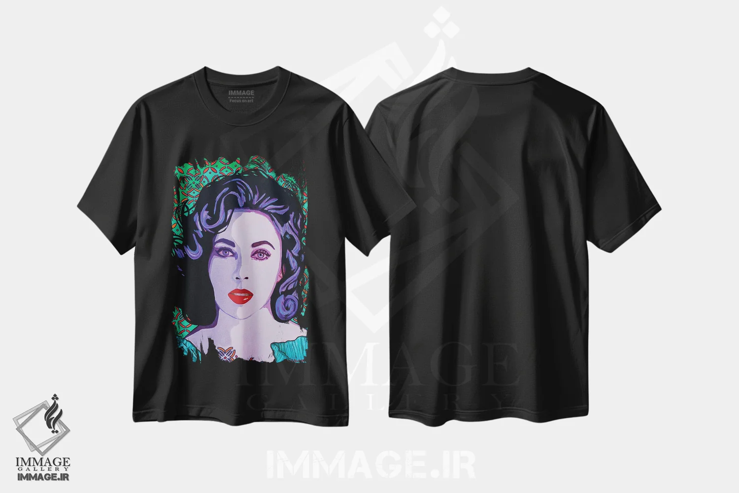 تیشرت مشکی طرح دار چشم های بنفش، هنر فاخر معاصر اثر کلودیا آگیلرا | فروشگاه ایماژ