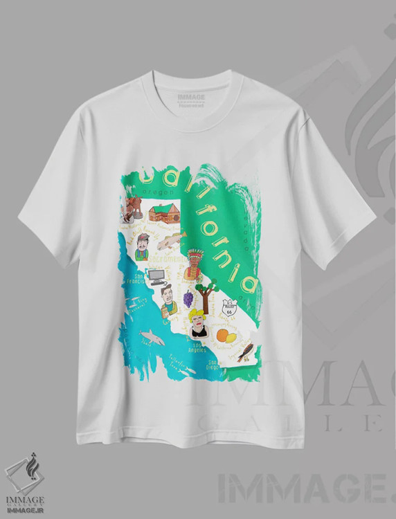 تیشرت سفید طرح دار نقشه های ایالتی مصور کالیفرنیا، هنر دیجیتال اثر کارلا دالی | immage.ir