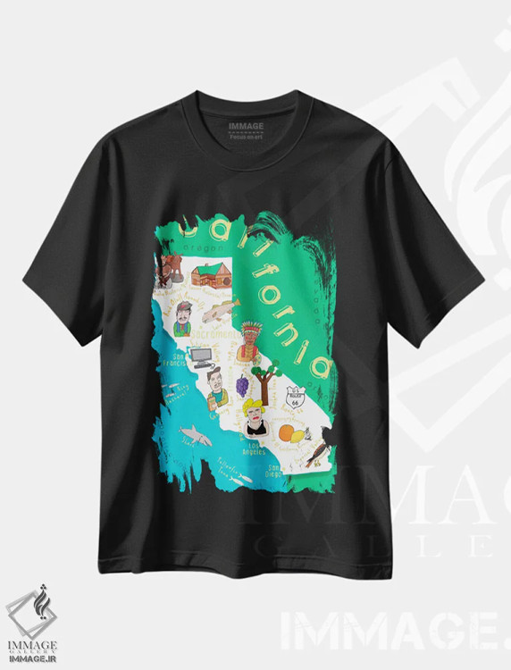تیشرت مشکی طرح دار نقشه های ایالتی مصور کالیفرنیا، هنر دیجیتال اثر کارلا دالی | فروشگاه ایماژ