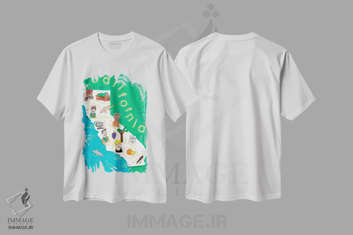 تیشرت سفید طرح دار نقشه های ایالتی مصور کالیفرنیا، هنر دیجیتال اثر کارلا دالی | immage.ir