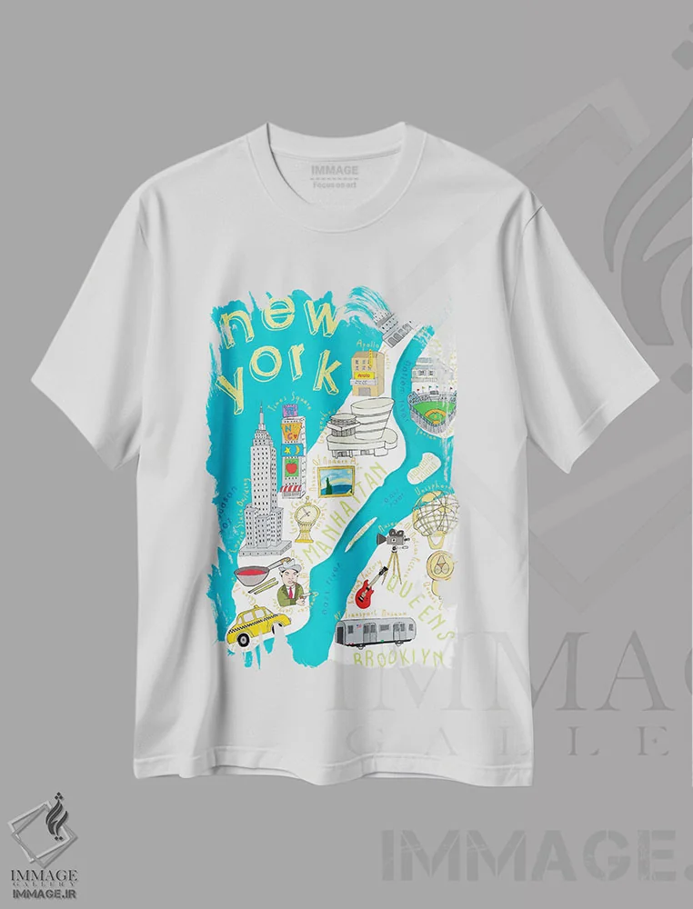 تیشرت سفید طرح دار نقشه های ایالتی مصور نیویورک، هنر دیجیتال اثر کارلا دالی | immage.ir