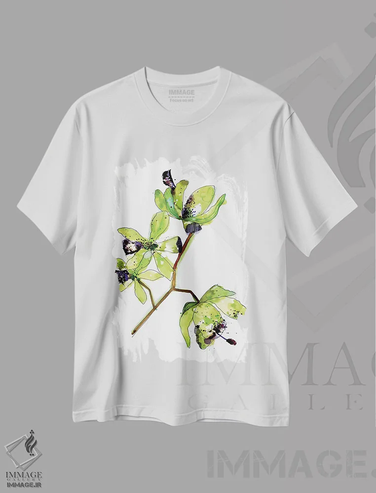 تیشرت سفید طرح دار ارکیده های نئونی، دکور معاصر اثر کایِنا بلانکا | فروشگاه ایماژ