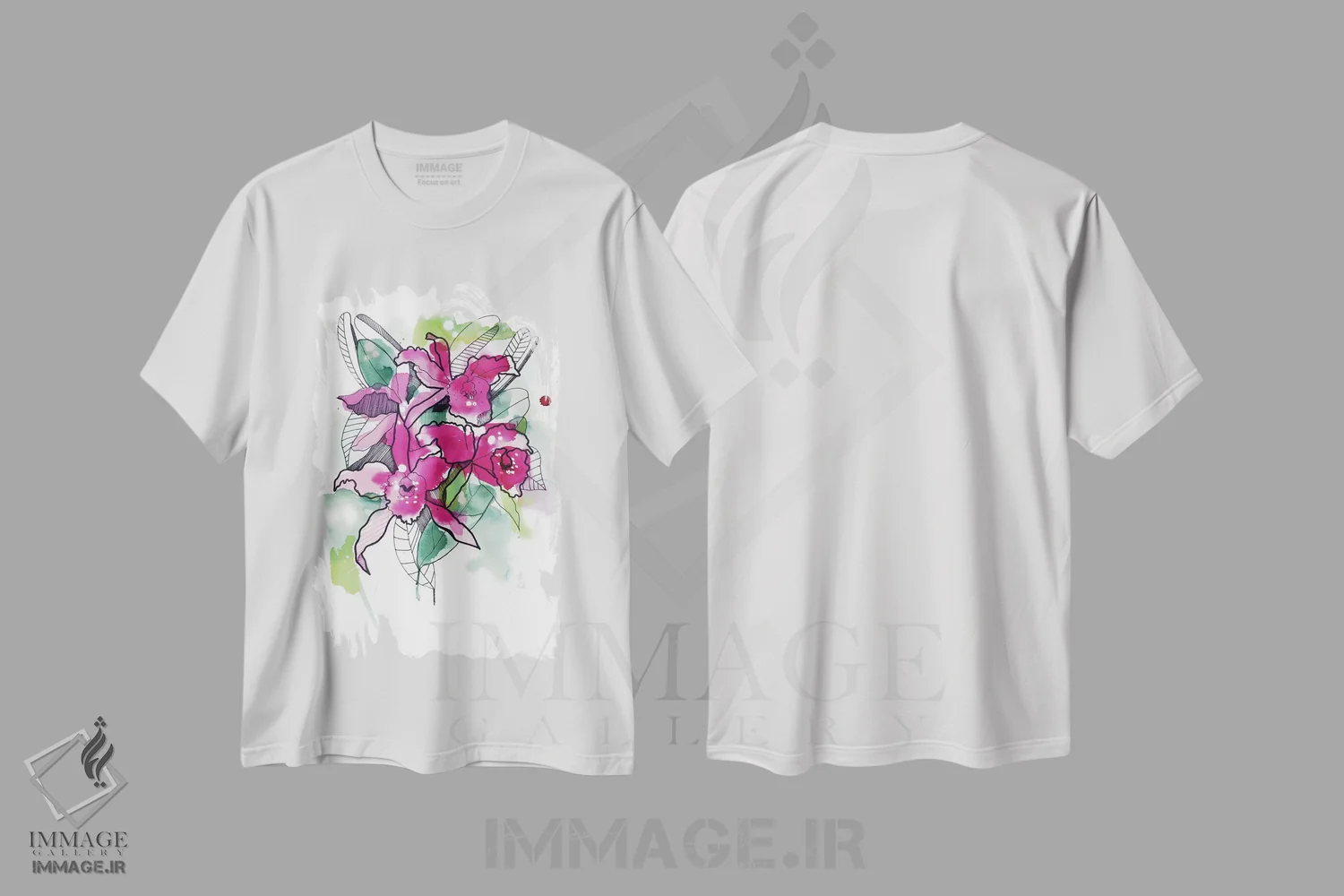 تیشرت سفید طرح دار ارکیده های سرخابی، دکور معاصر اثر کایِنا بلانکا | immage.ir