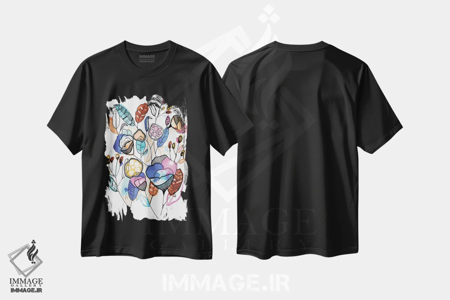 تیشرت مشکی طرح دار دسته گل، آبستره اثر کایِنا بلانکا | فروشگاه ایماژ