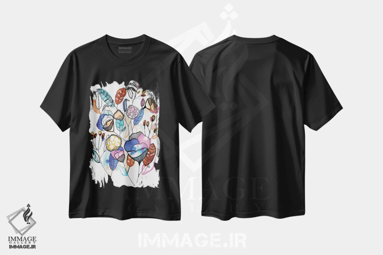 تیشرت مشکی طرح دار دسته گل، آبستره اثر کایِنا بلانکا | فروشگاه ایماژ