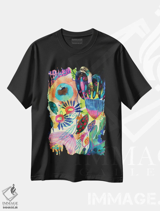 تیشرت مشکی طرح دار باغ نئونی، دکور بوهمی اثر کایِنا بلانکا | فروشگاه ایماژ