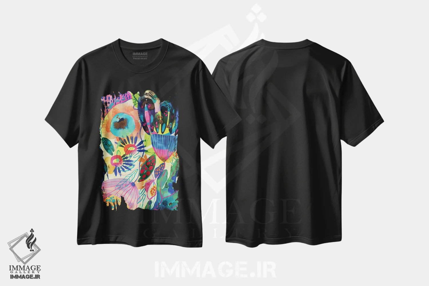 تیشرت مشکی طرح دار باغ نئونی، دکور بوهمی اثر کایِنا بلانکا | فروشگاه ایماژ