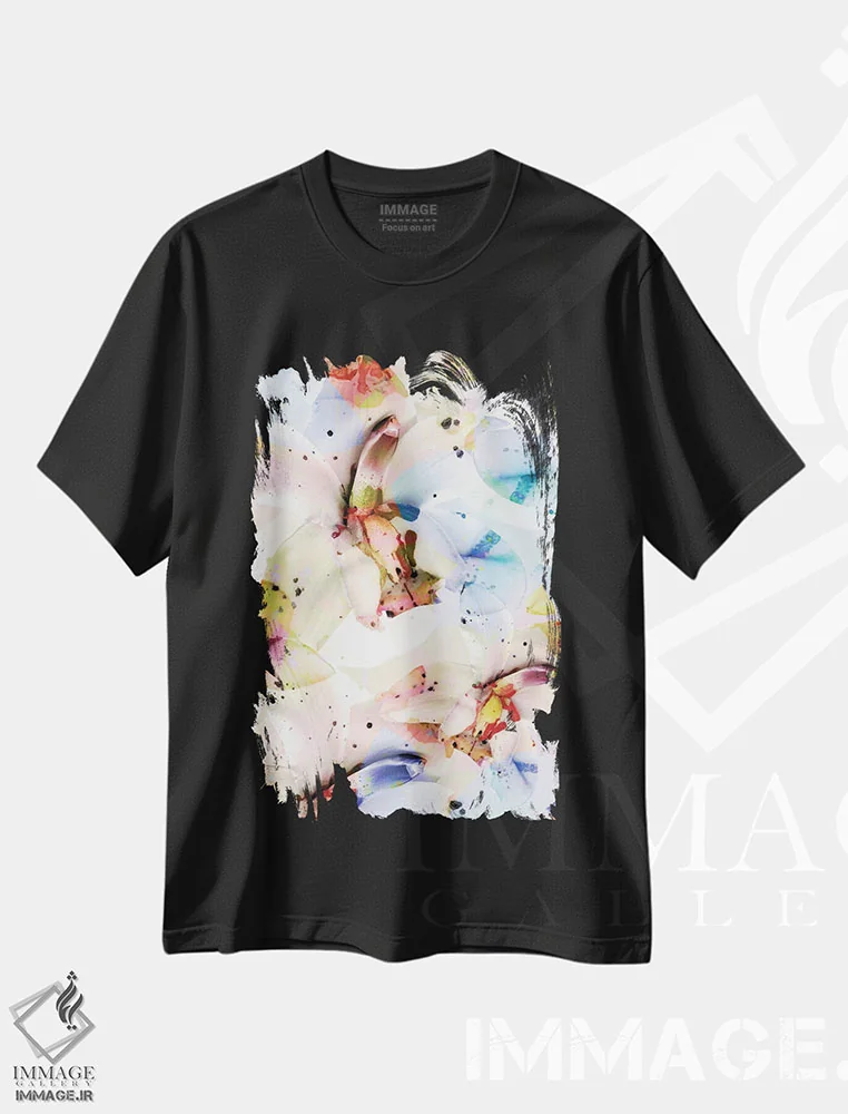 تیشرت مشکی طرح دار ارکیده های روان گردان، آبستره اثر کایِنا بلانکا | immage.ir