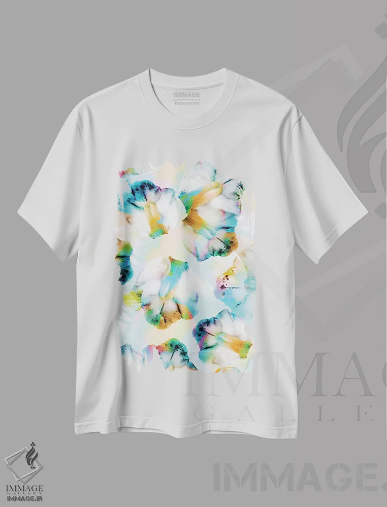 تیشرت سفید طرح دار ارکیده های روان گردان فیروزه ای، آبستره اثر کایِنا بلانکا | immage.ir