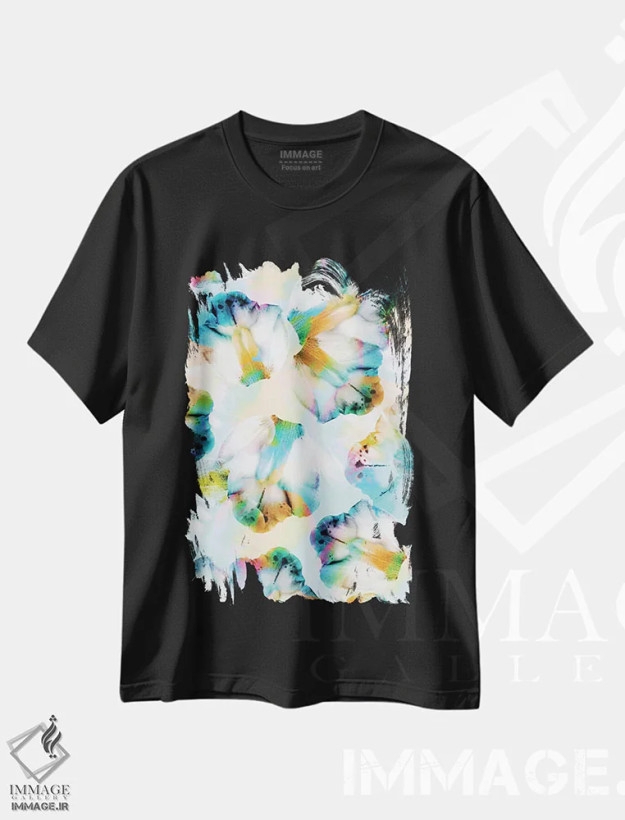 تیشرت مشکی طرح دار ارکیده های روان گردان فیروزه ای، آبستره اثر کایِنا بلانکا | فروشگاه ایماژ