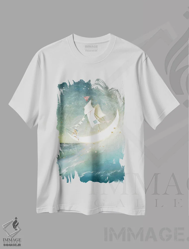 تیشرت سفید طرح دار قایق ماه، هنر دیجیتال اثر شارلوت بیرد | فروشگاه ایماژ