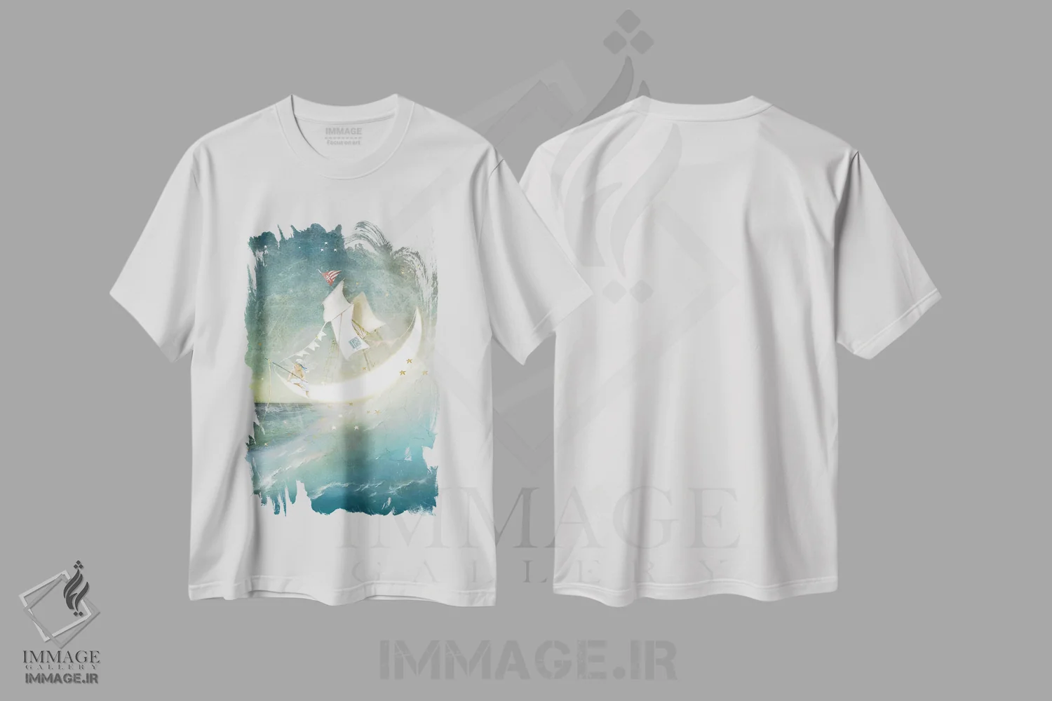 تیشرت سفید طرح دار قایق ماه، هنر دیجیتال اثر شارلوت بیرد | فروشگاه ایماژ