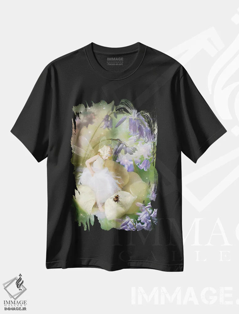 تیشرت مشکی طرح دار آواز گل های ناقوسی آبی، هنر دیجیتال اثر شارلوت بیرد | فروشگاه ایماژ