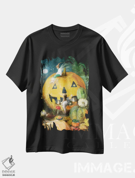 تیشرت مشکی طرح دار هالووین در کدوستان، هنر دیجیتال اثر شارلوت بیرد | فروشگاه ایماژ