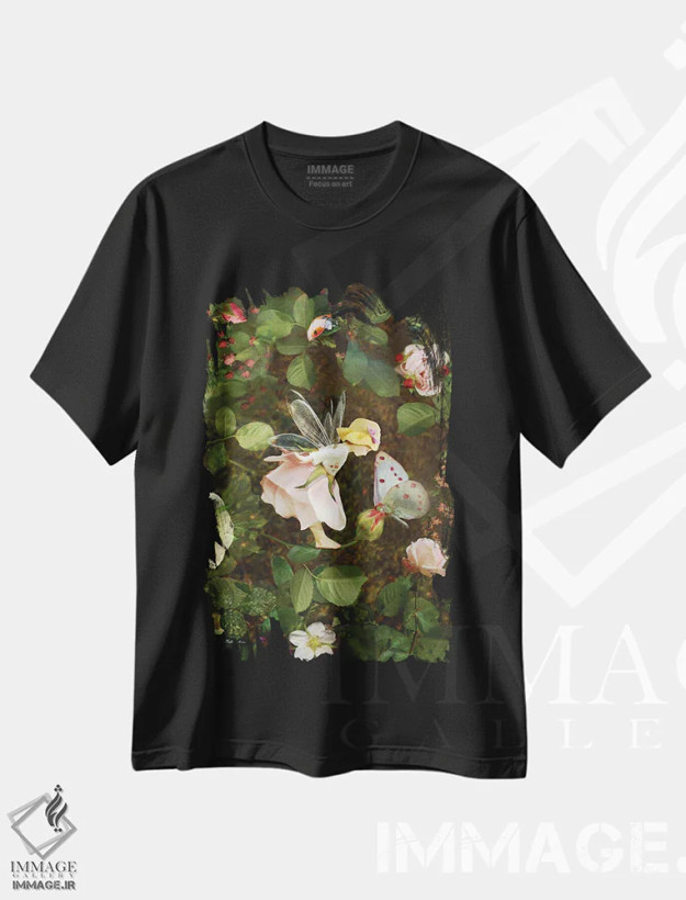 تیشرت مشکی طرح دار پری گل رز، هنر دیجیتال اثر شارلوت بیرد | فروشگاه ایماژ