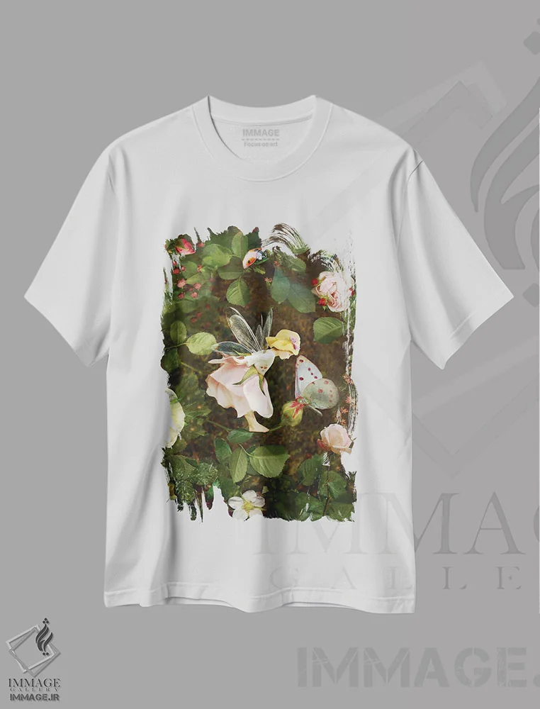 تیشرت سفید طرح دار پری گل رز، هنر دیجیتال اثر شارلوت بیرد | immage.ir