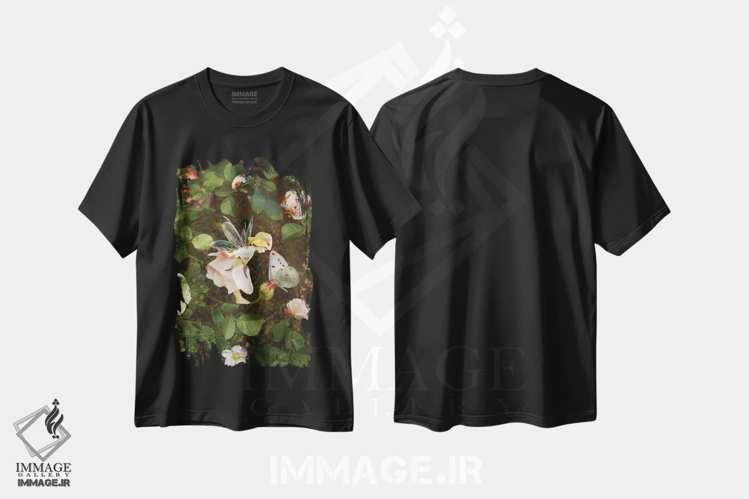 تیشرت مشکی طرح دار پری گل رز، هنر دیجیتال اثر شارلوت بیرد | فروشگاه ایماژ