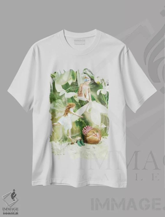 تیشرت سفید طرح دار تماس بیدارباش، هنر دیجیتال اثر شارلوت بیرد | فروشگاه ایماژ